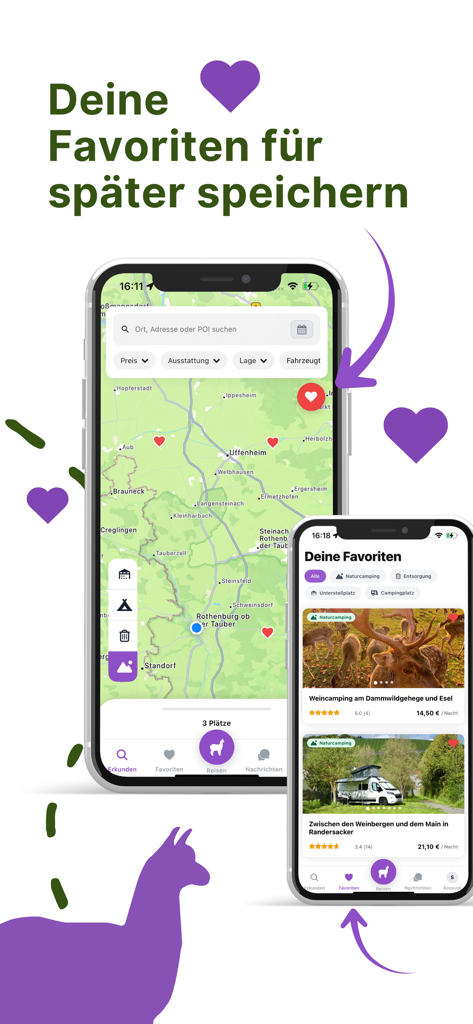 Alpaca Camping App - Alpaca Camping app interface showing saved favorite nature campsites and a map view