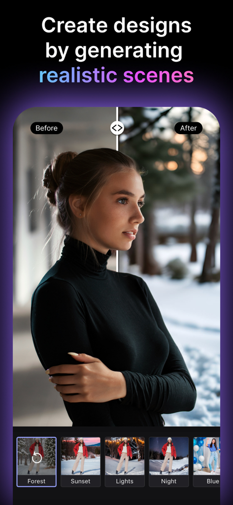 MyEdit: AI Photo Generator - 背景がAI生成されたリアルな雪景色に置き換えられた女性のポートレートの、前後の比較。