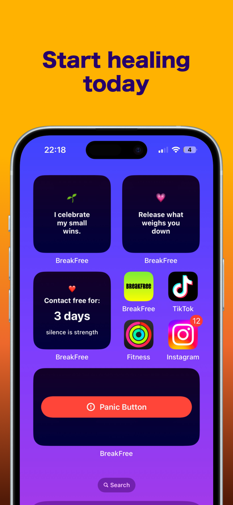 BREAKFREE: No Contact Tracker - iPhone home screen showing BreakFree app widgets including a 3-day no contact streak tracker and a red panic button