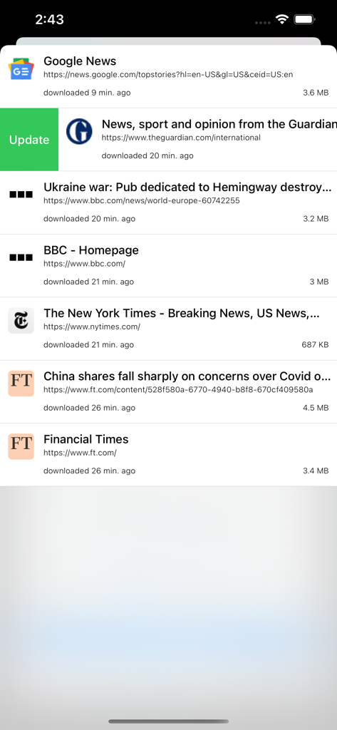 Offline Web Browser & Internet - Una lista de artículos de noticias de Google News, BBC y The New York Times descargados y guardados para leer sin conexión en la aplicación.