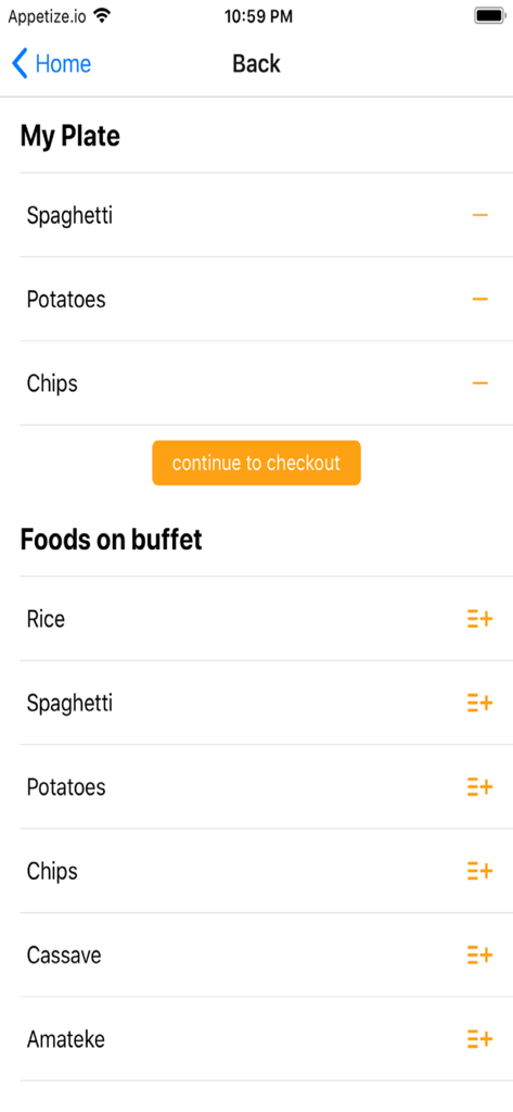 Pana Food - Pana Food app screen showing selected items in My Plate and available buffet foods