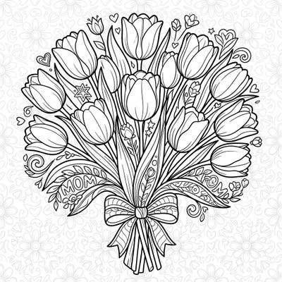 This heartwarming coloring page features a stunning bouquet of yellow tulips, symbolizing joy and sunshine, specifically designed to celebrate Mother's Day. With intricate details and charming elements, it's a perfect artistic tribute to express your love.
