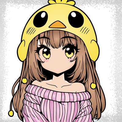 anime girl with chick shaped hat with sweater with bare shoulders with bangs covering them one eye with low tail