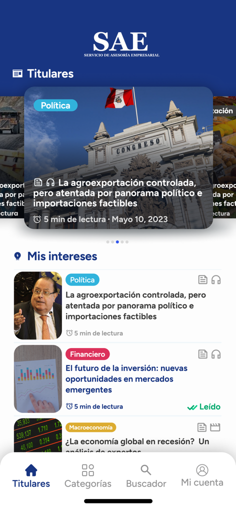 SAE App - SAE App dashboard showing business news headlines and economic indicators for executives.