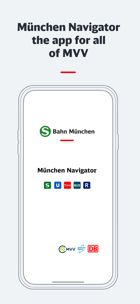 München Navigator - Einführungsbildschirm der München Navigator App mit Symbolen für S-Bahn, U-Bahn, Tram und Busdienste in München