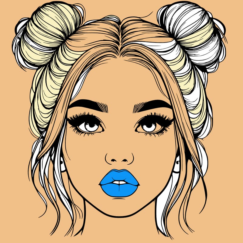 realistic girl with two buns on her hair and lips