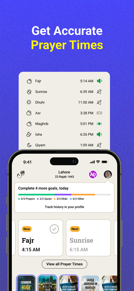 Athan: Prayer Times & Al Quran - Athan app screen showing accurate prayer times and daily spiritual goals tracking
