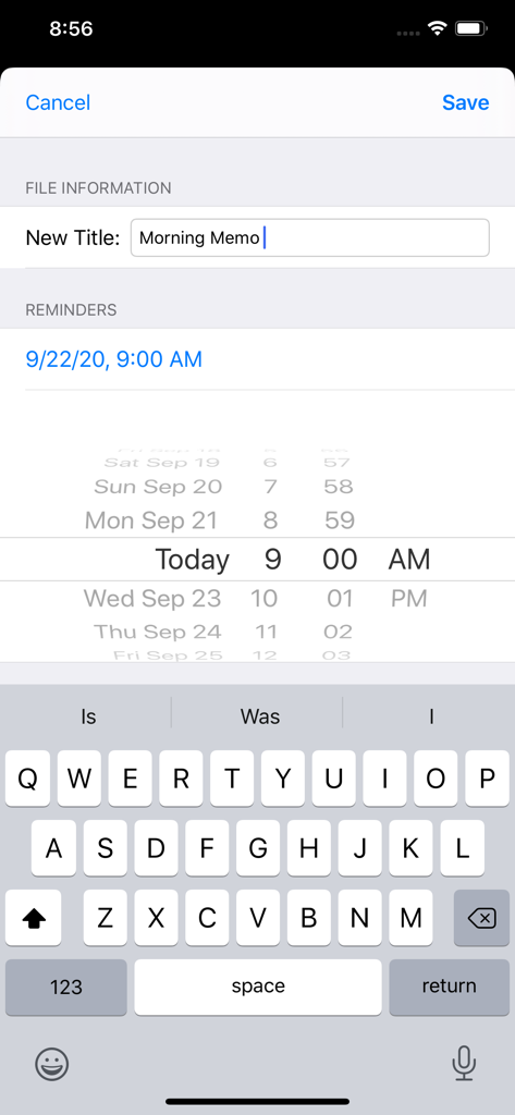 QuickVoice® Recorder - Pantalla para nombrar una nota de voz y programar una alarma recordatoria