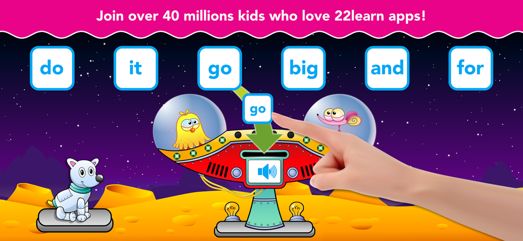 Sight Words Reading Games ABC - Bambino che trascina una scheda di parole Dolch in una macchina per parole a tema spaziale in un'app educativa di lettura.