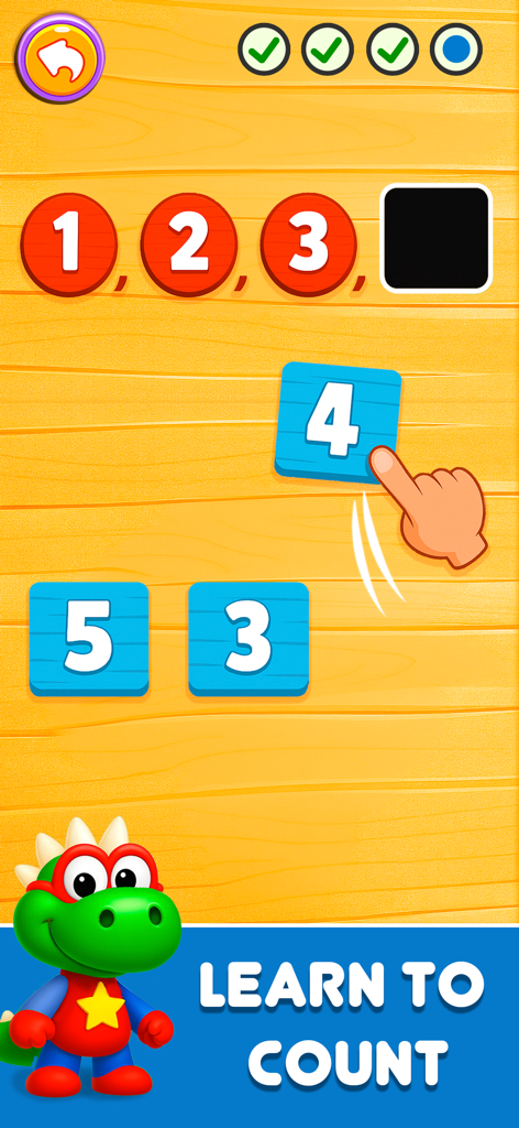 Pantalla educativa interactiva donde un niño aprende a contar completando una secuencia numérica con el personaje Dino Tim.