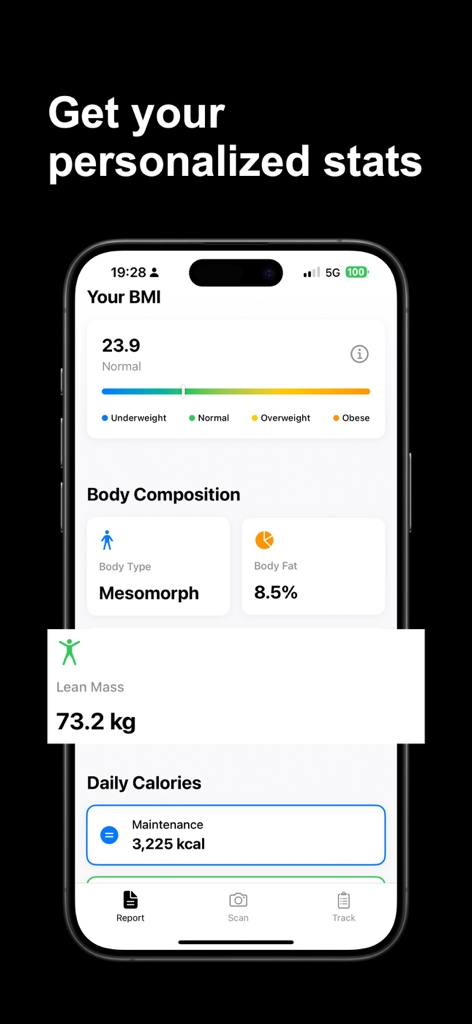 Vscale app interface showing personalized health metrics like BMI, body fat percentage, and lean mass
