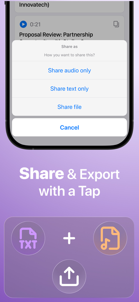 Live Transcribe: Voice to Text - Uma interface móvel para o aplicativo Live Transcribe mostrando opções para compartilhar ou exportar arquivos de áudio e texto com um único toque