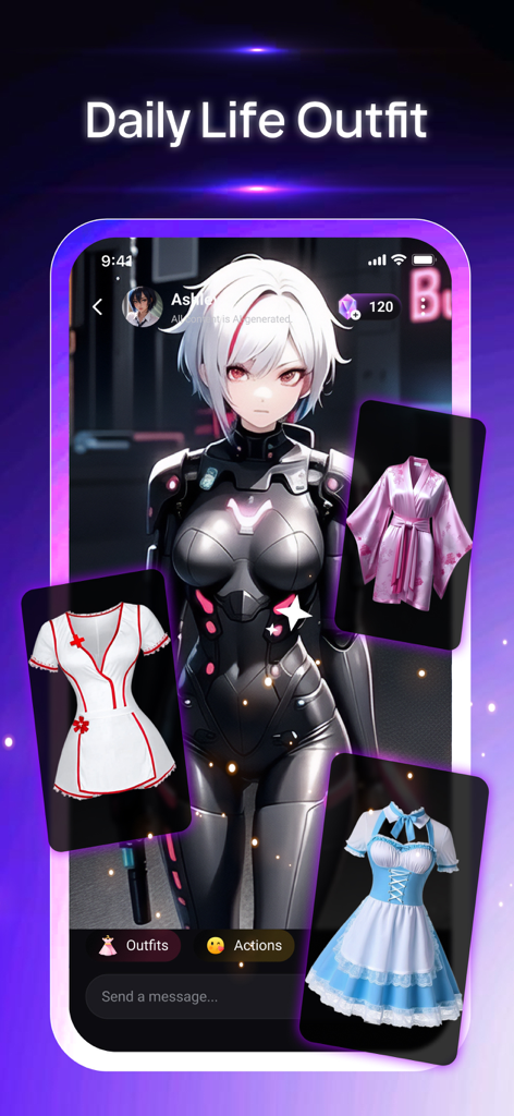 Weifu AI: Character Companion - Interface of the Weifu AI app showing character customization options with different outfits like a kimono and maid dress.