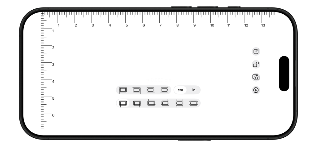 A digital ruler application on a smartphone displaying measurement scales in centimeters and inches.