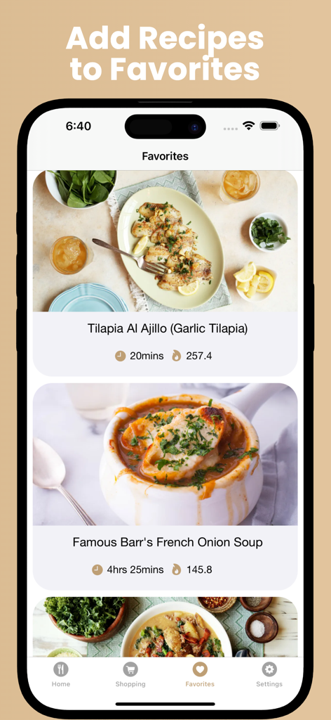 Daily Recipes: World Cuisines - Tela de Favoritos do aplicativo Receitas Diárias exibindo receitas salvas para Tilápia com Alho e Sopa de Cebola Francesa