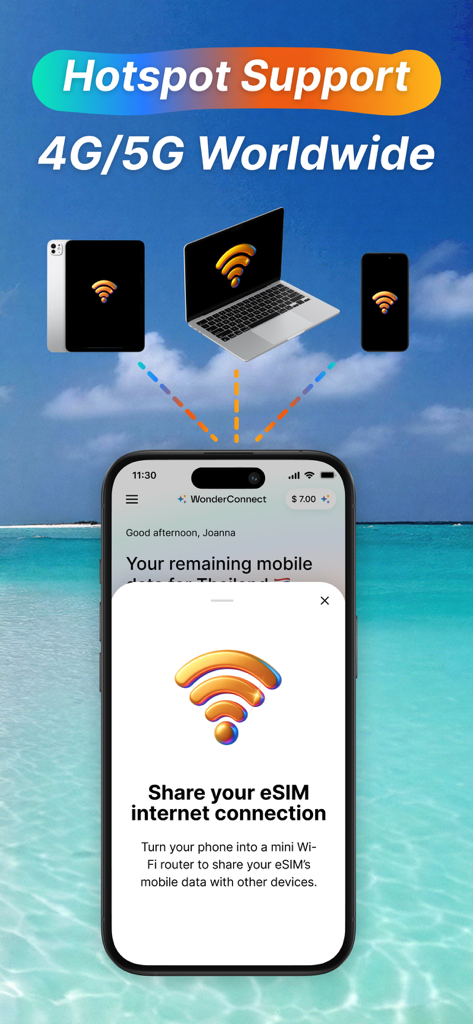 WonderConnect app screen showing global hotspot support to share eSIM data with a laptop and tablet