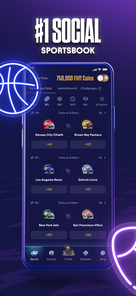 Fliff - Social Sports Picks - L'interfaccia del social sportsbook Fliff che mostra i pronostici delle partite NFL e le ricompense in monete social.