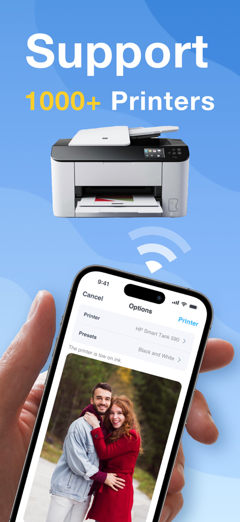 Smart Printer App: PDF Scanner - Smart Printer App on an iPhone wirelessly connecting to a printer with text stating support for over 1000 printer models