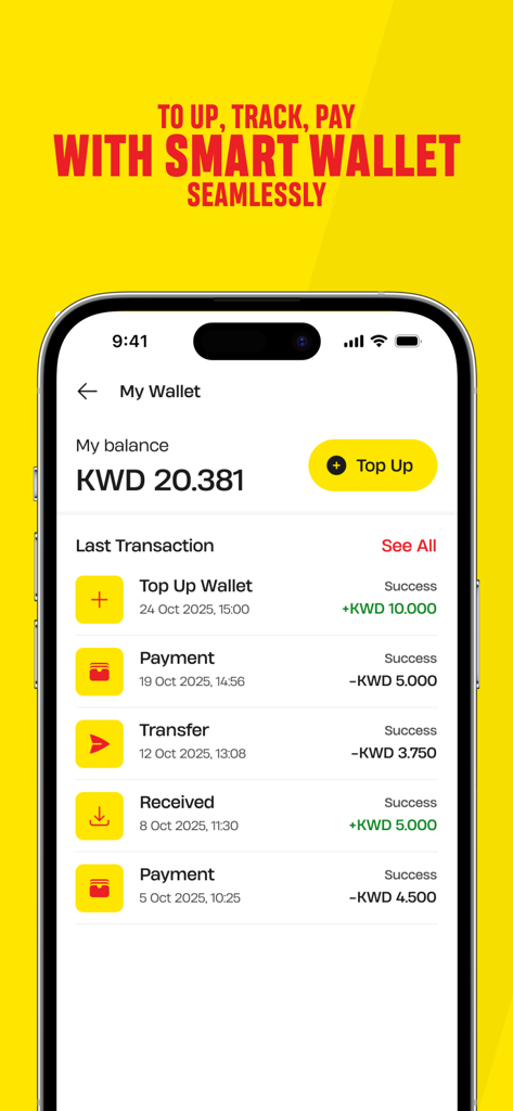 Yelo Pizza - Interfaz de billetera inteligente de la aplicación Yelo Pizza que muestra el saldo de la cuenta y las transacciones recientes.
