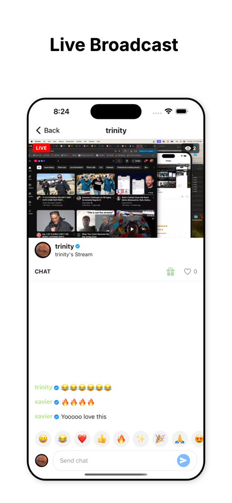 Trinity Social - Trinity Social live broadcast interface with real-time chat