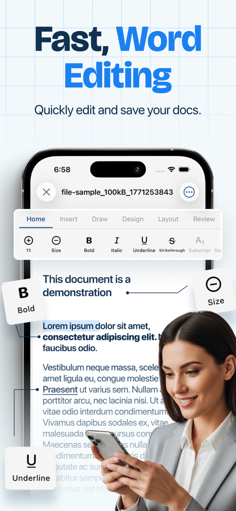 A professional woman editing a text document on an iPhone using Word Editor.