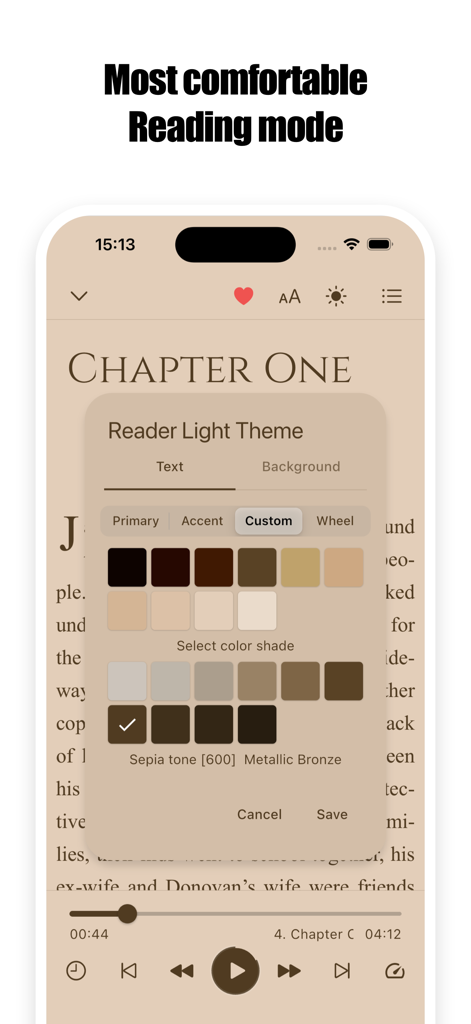 aiReader: AI Text to Speech - Interface of aiReader app showing the theme customization for a comfortable reading experience with sepia tone options.