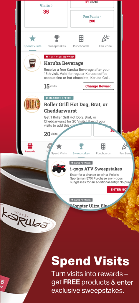 Schermata dell'app Kwik Rewards che mostra come spendere visite per bevande e cibo gratuiti e partecipare a concorsi a premi esclusivi