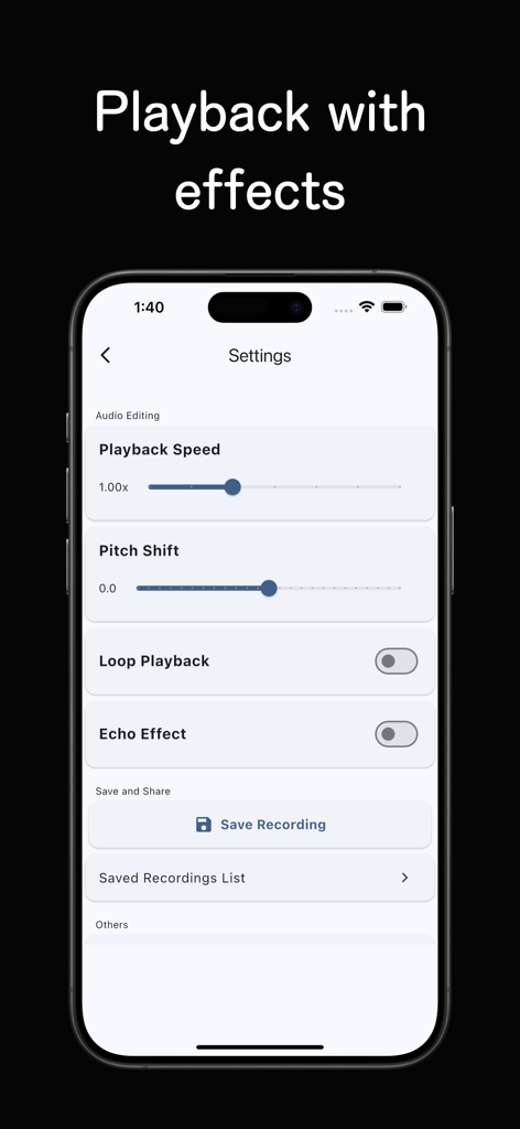 The Reverse Audio - Interface of The Reverse Audio app showing audio editing controls for playback speed pitch shift echo and saving recordings