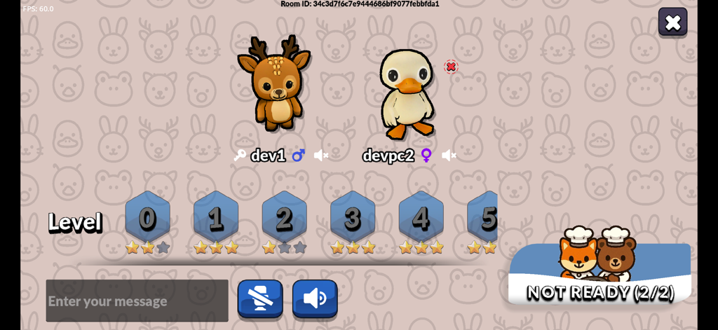 kitchen Together 2 - Multiplayer game lobby in Kitchen Together 2 with animal characters and level selection