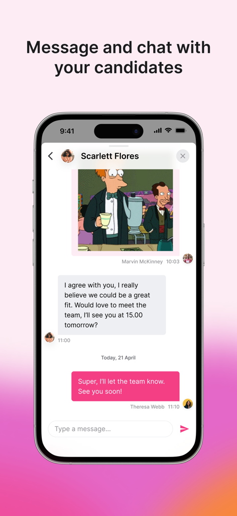 Teamtailor - A smartphone screen showing the Teamtailor app chat interface used to message and communicate with job candidates.