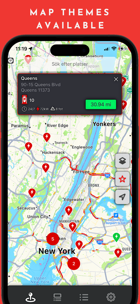 Supercharger for Tesla - Mobile app interface showing a map of Tesla Supercharger locations in New York with detailed charger station info.