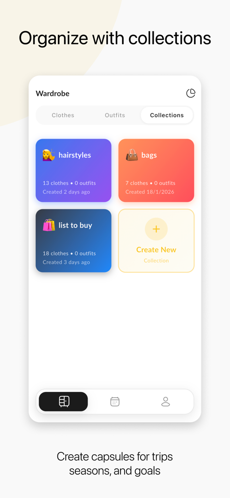 Outfitly: Closet Studio - Interface showing how to organize a digital wardrobe into collections like hairstyles and bags in the Outfitly app.