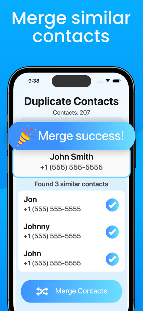 Screenshot of Cleanup Pro app showing the duplicate contacts merge feature on an iPhone with a success notification.