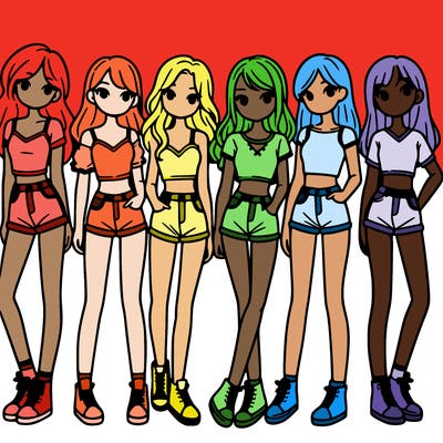 a group of girls wearing crop tops and shorts