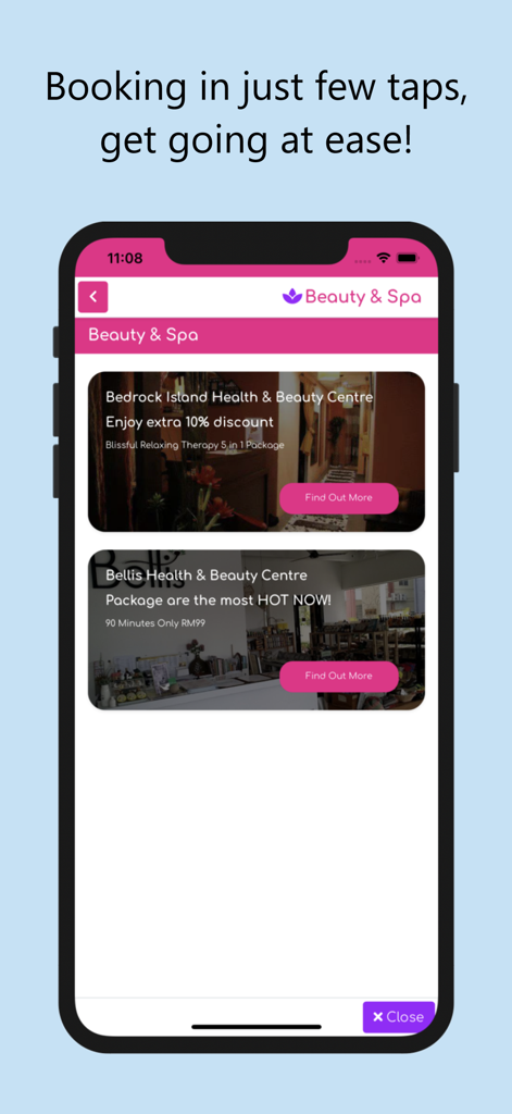 Mobile app interface for booking beauty and spa services in Langkawi.