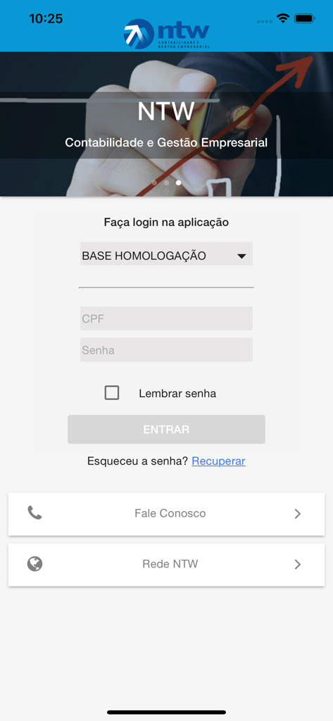 NTW Contabilidade Empresarial - Anmeldebildschirm der NTW Contabilidade Empresarial App mit Feldern für CPF und Passwort