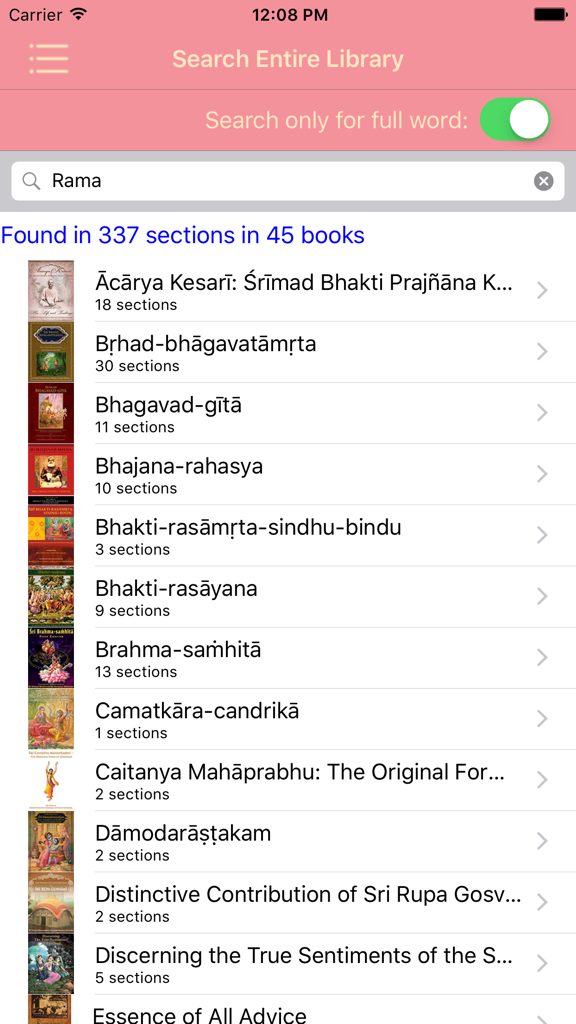 Search results for Rama in the BhaktiBase Vedic library app showing multiple spiritual book titles