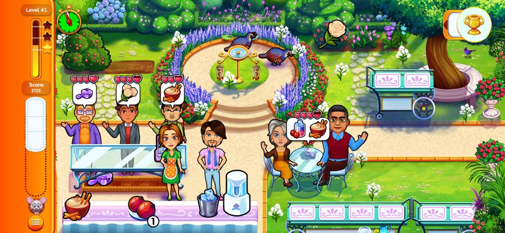 Delicious: Mansion Mystery - Emily sirviendo a clientes en un nivel de jardín en Delicious Mansion Mystery