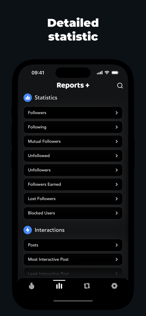Gramly - Interfaz de la aplicación Gramly que muestra estadísticas detalladas de seguidores, engagement e interacciones de publicaciones.
