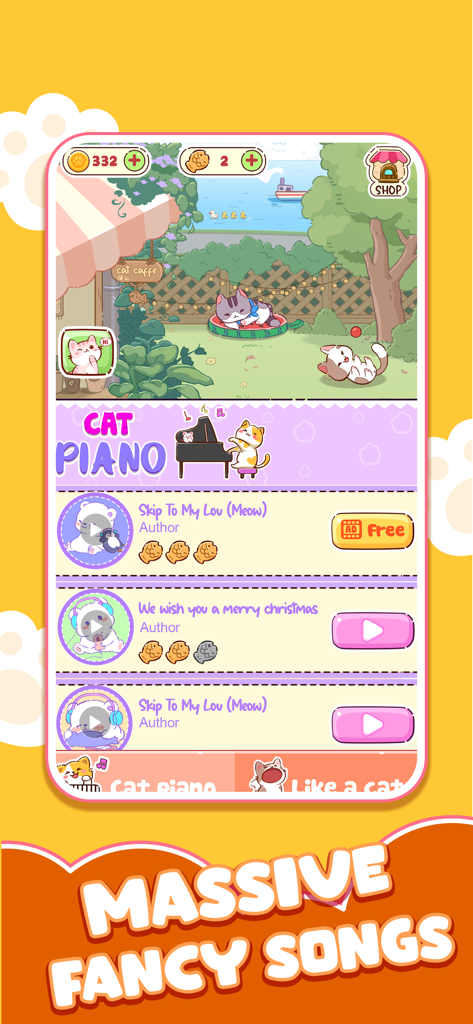 Cat World Music Game - A screenshot of the Cat World Music Game showing a list of songs to play and cute cats in a garden.