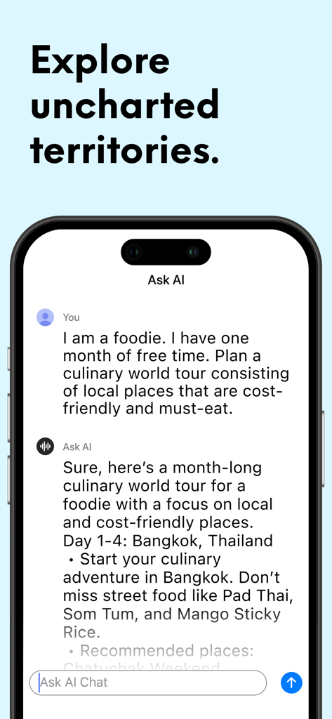 Interface do aplicativo Ask AI Anything mostrando um plano de turnê mundial culinária para um foodie.