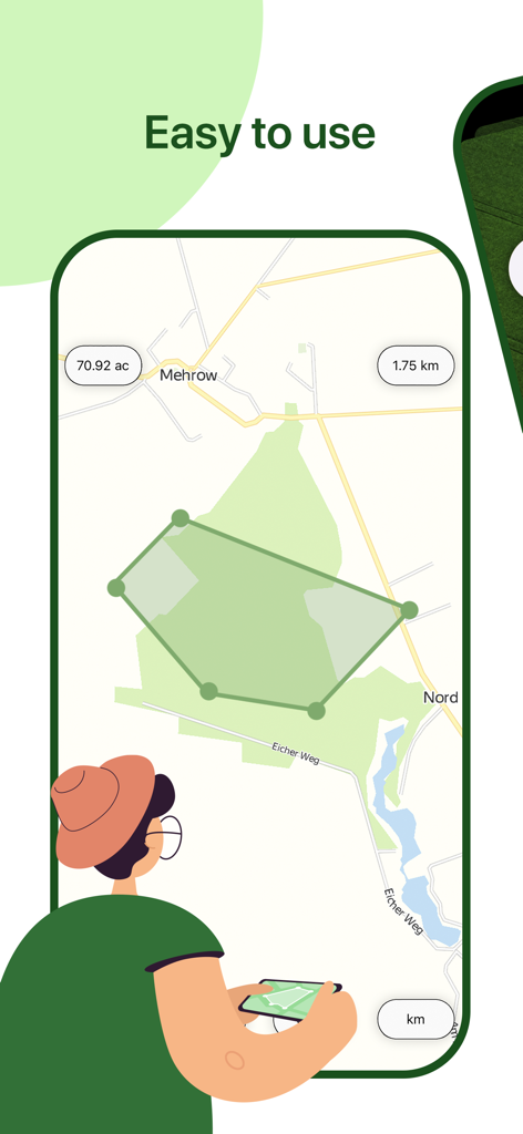 Smartphone screen showing easy land area measurement on a map with GPS.
