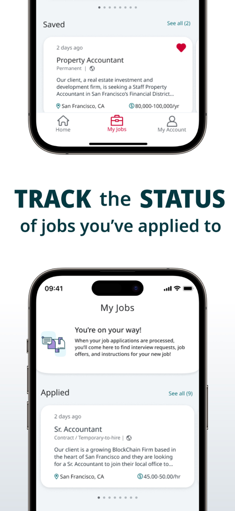 Écran montrant le statut des candidatures et les offres d'emploi sauvegardées dans l'application mobile Robert Half.