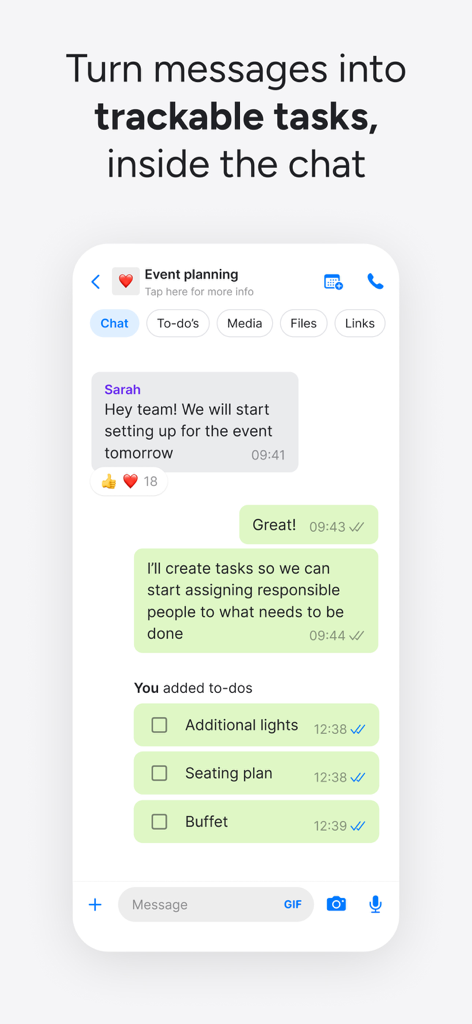 Zenzap: Professional Work Chat - Zenzap app interface showing a team chat with integrated trackable tasks and checklists