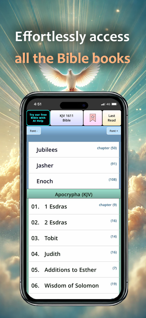 Jubilees, Jasher, Enoch, Bible - Mobile app interface listing Jubilees Jasher Enoch and Apocrypha books