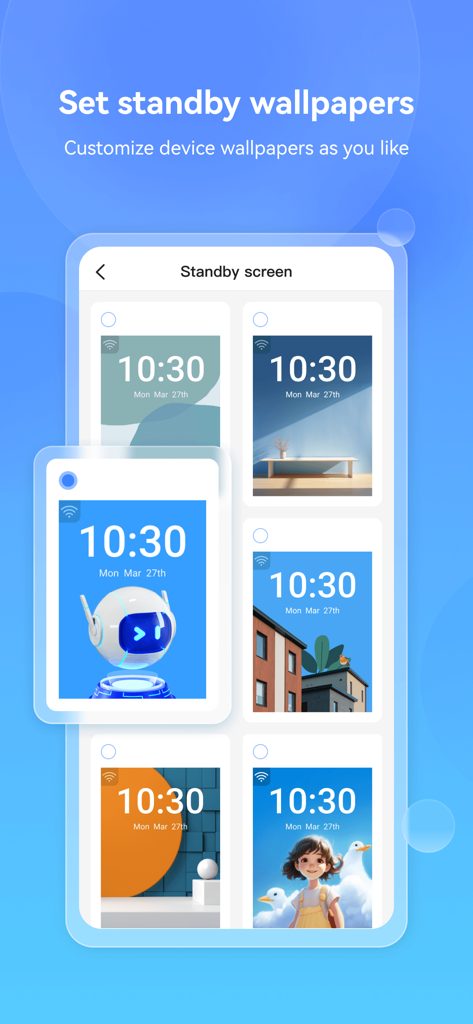 Im Cam - A selection of different standby wallpaper designs for the Im Cam smart device within the app interface
