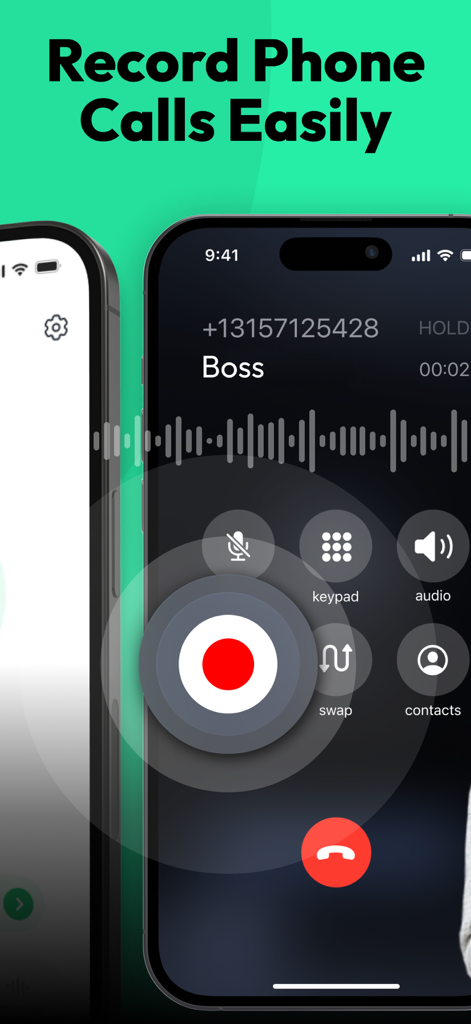 A mobile app interface showing a call recording session with a large red record button and an audio waveform.