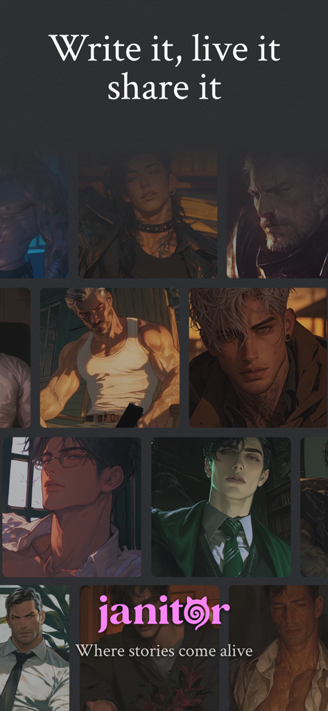 Collage de retratos de personajes de IA en la aplicación Janitor AI con el texto Donde las historias cobran vida