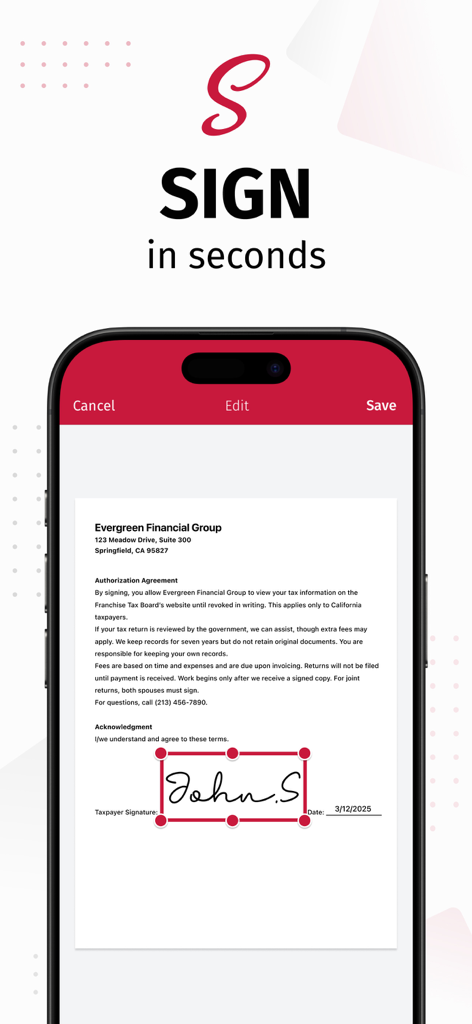 SwiftScan AI Document Scanner - SwiftScan AI app interface showing a digital signature being added to a document on an iPhone