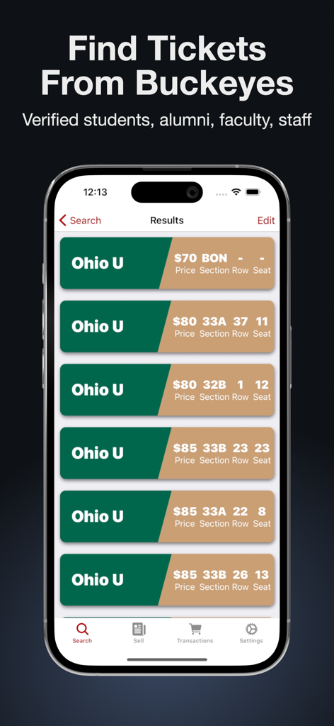 TicketBay App-Suchergebnisse, die Angebote für Ohio State Football-Tickets von verifizierten Studenten anzeigen